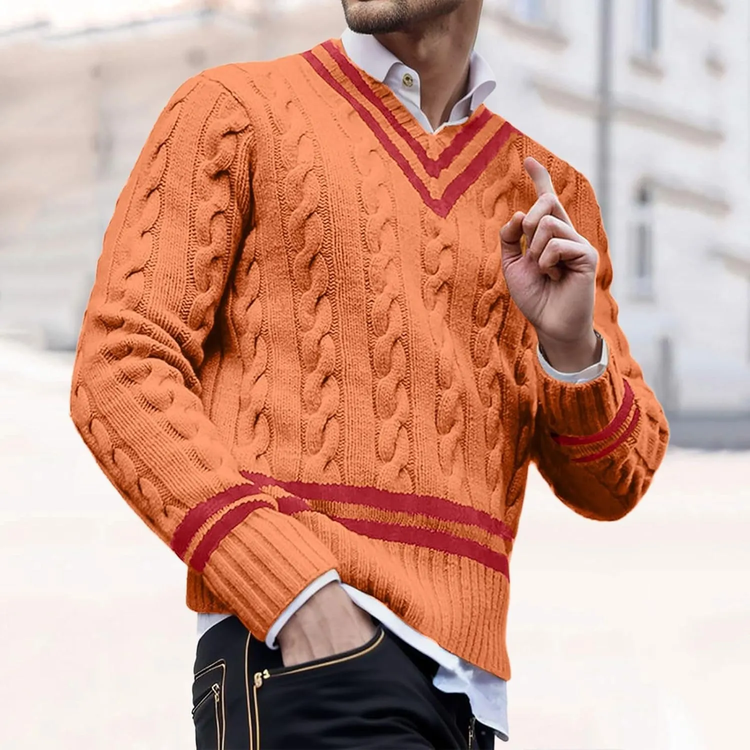 Men's V Neck Sweater Long Sleeve Knitted Pullover Striped Twist Textured Top Casual Loose Sweater Fall Winter Outwear