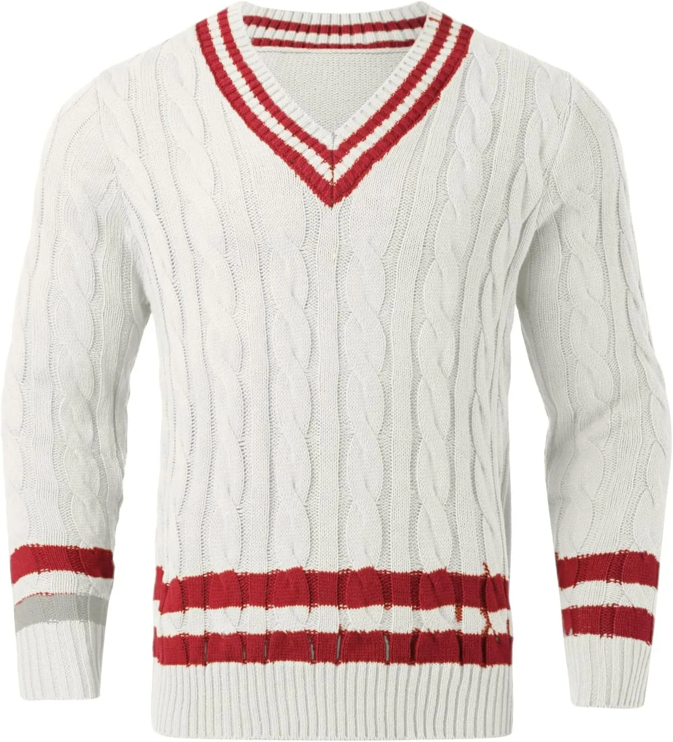Men's V Neck Sweater Long Sleeve Knitted Pullover Striped Twist Textured Top Casual Loose Sweater Fall Winter Outwear