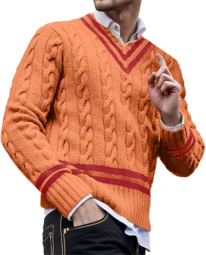 Men's V Neck Sweater Long Sleeve Knitted Pullover Striped Twist Textured Top Casual Loose Sweater Fall Winter Outwear