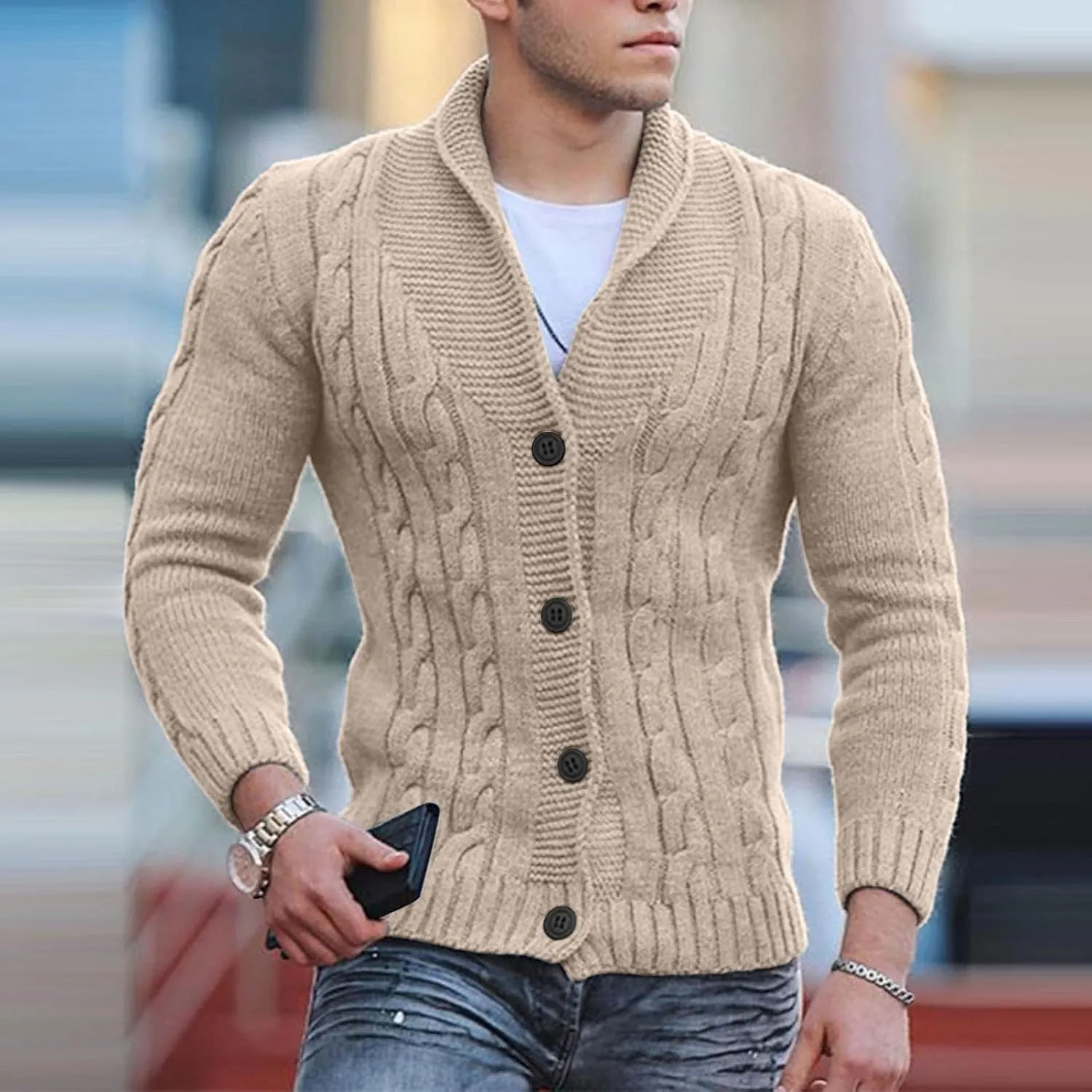 Men's V Neck Sweater Long Sleeve Shawl Collar Pullover Knitted Button Down Tops Solid Color Knitwear Oversize Sweater