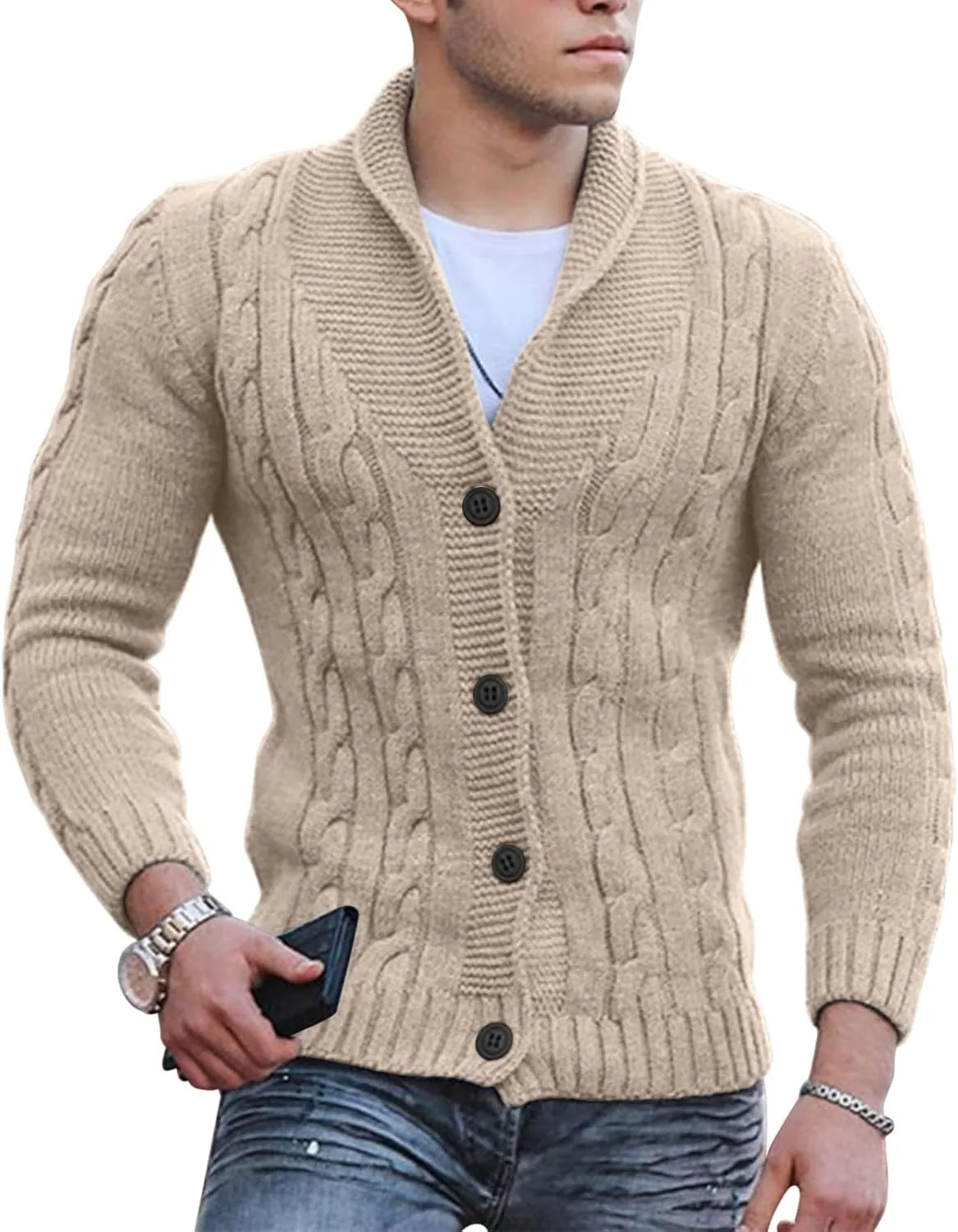 Men's V Neck Sweater Long Sleeve Shawl Collar Pullover Knitted Button Down Tops Solid Color Knitwear Oversize Sweater
