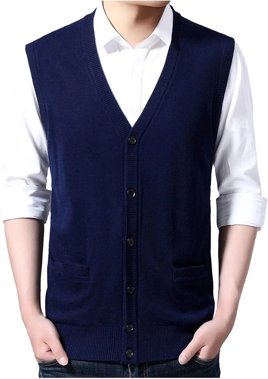 Men's V Neck Sweater Vest Notch Collar Button Down Shirts Solid Color Sleeveless Tops Knitted with Pockets Knitwear