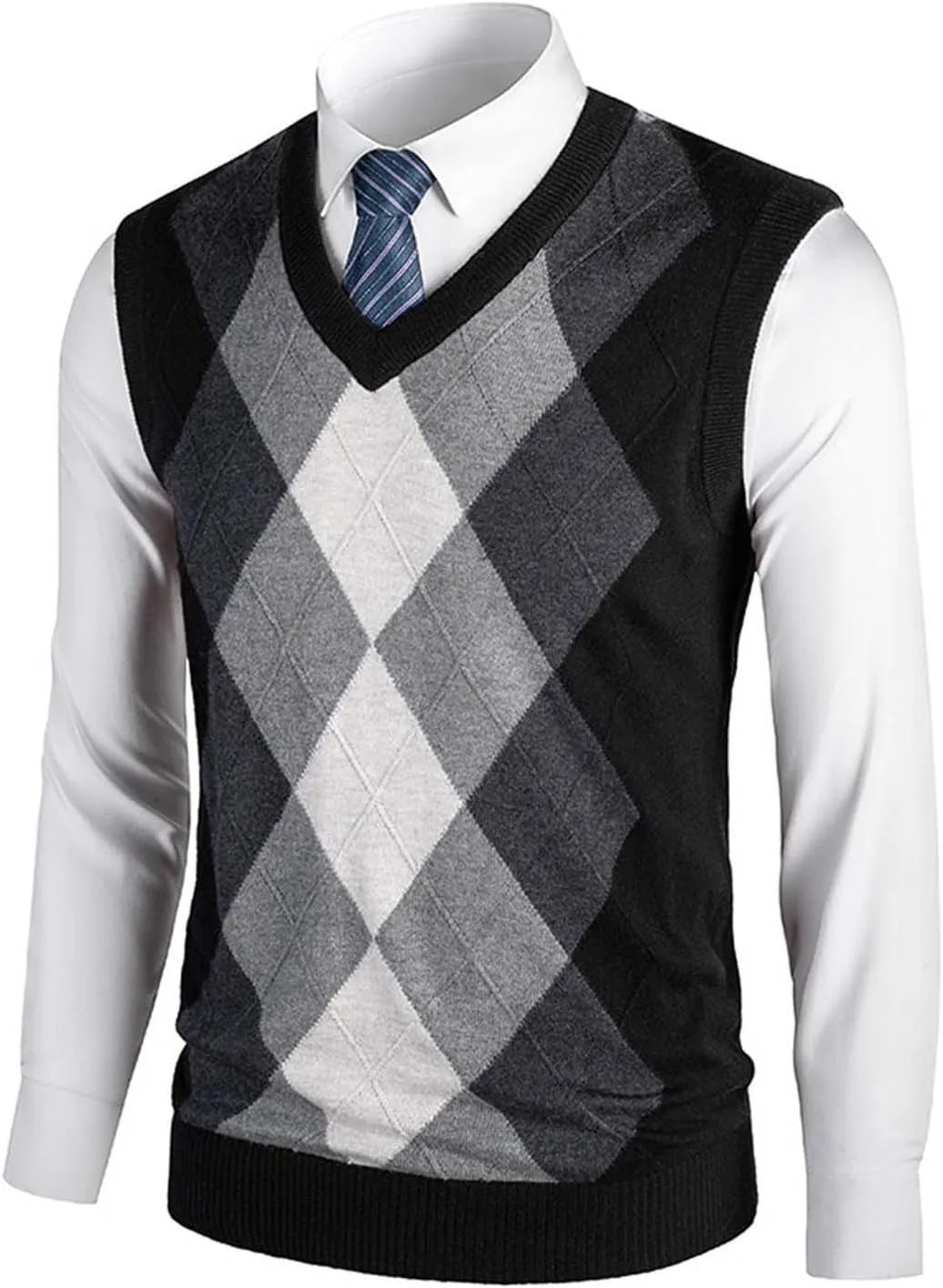 Men's V Neck Sweater Vest Sleeveless Knitted Pullover Color Block Plaid Knitwear Casual Loose Fall Fashion Sweater