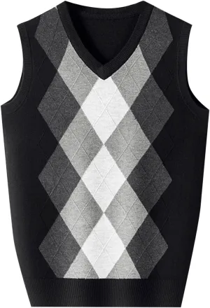 Men's V Neck Sweater Vest Sleeveless Knitted Pullover Color Block Plaid Knitwear Casual Loose Fall Fashion Sweater