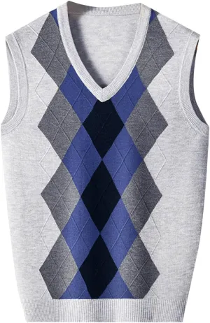 Men's V Neck Sweater Vest Sleeveless Knitted Pullover Color Block Plaid Knitwear Casual Loose Fall Fashion Sweater