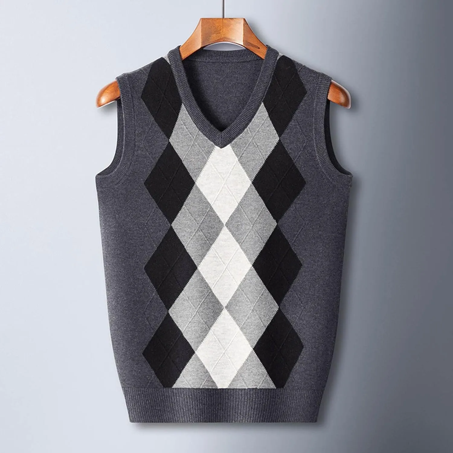 Men's V Neck Sweater Vest Sleeveless Knitted Pullover Color Block Plaid Knitwear Casual Loose Fall Fashion Sweater