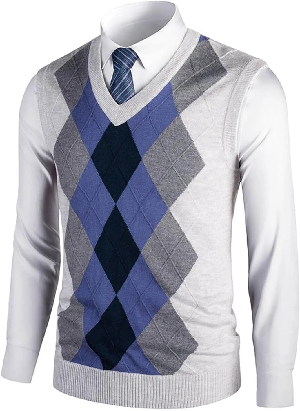 Men's V Neck Sweater Vest Sleeveless Knitted Pullover Color Block Plaid Knitwear Casual Loose Fall Fashion Sweater