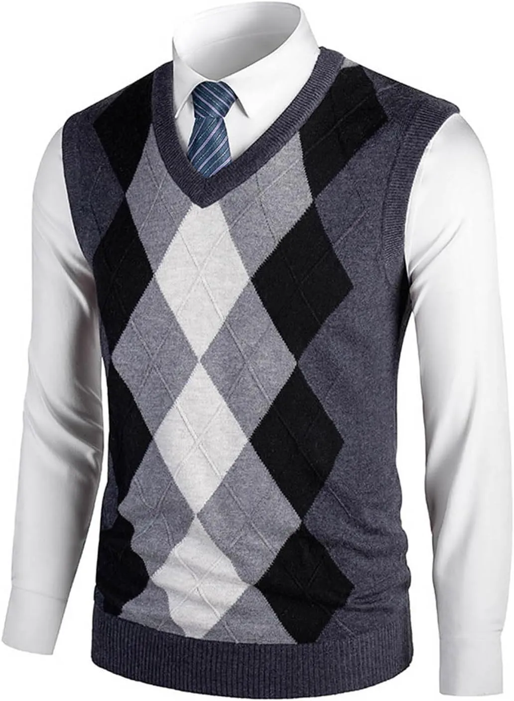 Men's V Neck Sweater Vest Sleeveless Knitted Pullover Color Block Plaid Knitwear Casual Loose Fall Fashion Sweater