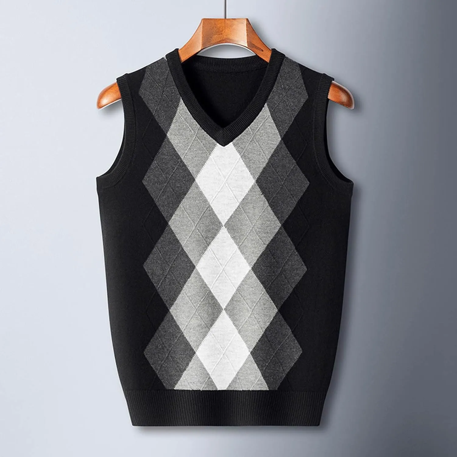 Men's V Neck Sweater Vest Sleeveless Knitted Pullover Color Block Plaid Knitwear Casual Loose Fall Fashion Sweater
