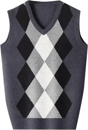 Men's V Neck Sweater Vest Sleeveless Knitted Pullover Color Block Plaid Knitwear Casual Loose Fall Fashion Sweater