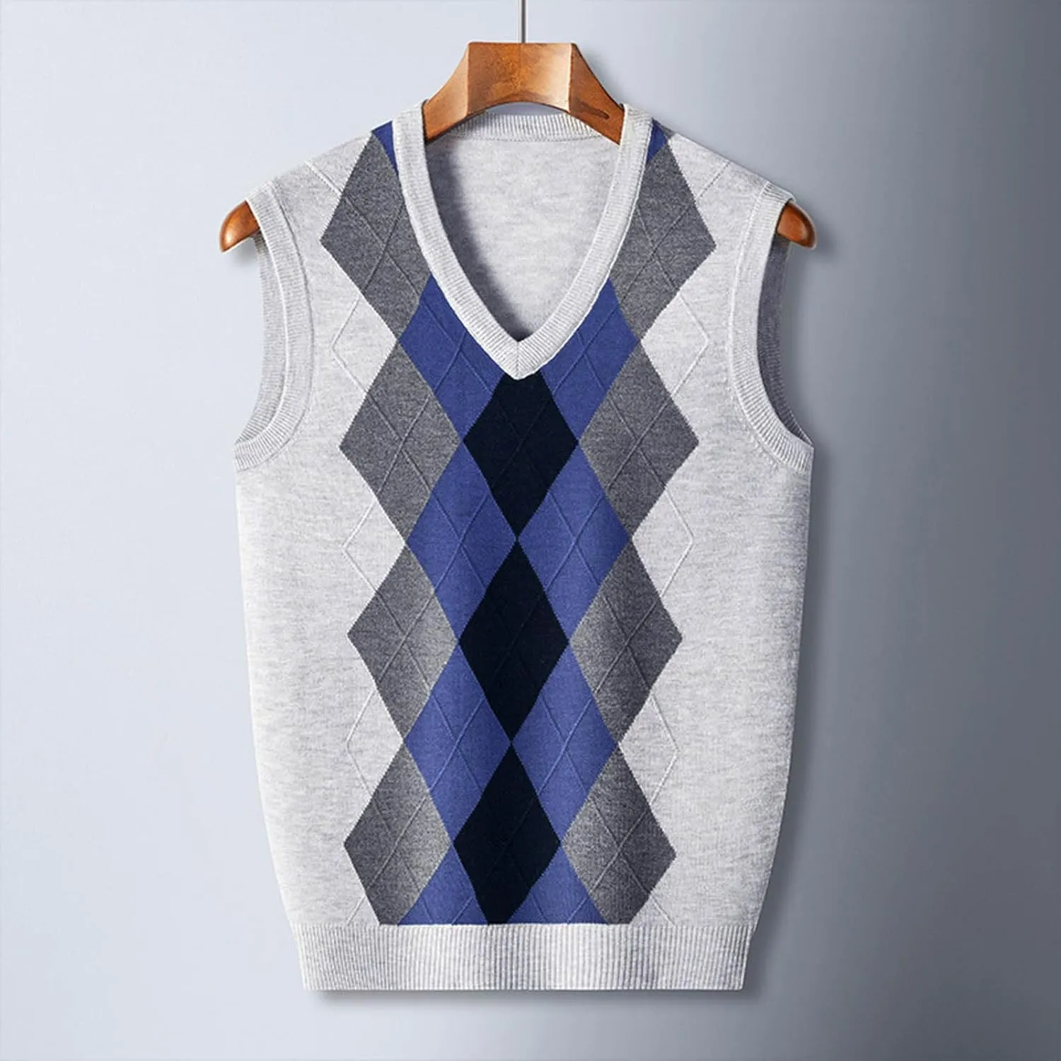 Men's V Neck Sweater Vest Sleeveless Knitted Pullover Color Block Plaid Knitwear Casual Loose Fall Fashion Sweater