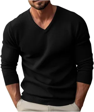 Mens V-neck Sweatshirts Casual Loose Solid Long Sleeve Base Pullover Top Classic Big and Tall Work Knit Sweater Shirt