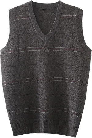 Men's V Neck Vest Sweater Sleeveless Knitted Pullover Vintage Ribbed Tops Lightweight Knitwear Casual Loose Sweaters