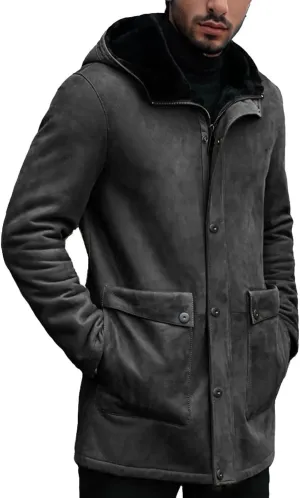 Men's Vintage Sherpa-Lined Trench Coat Faux Suede Retro Outdoor Leather Overcoat