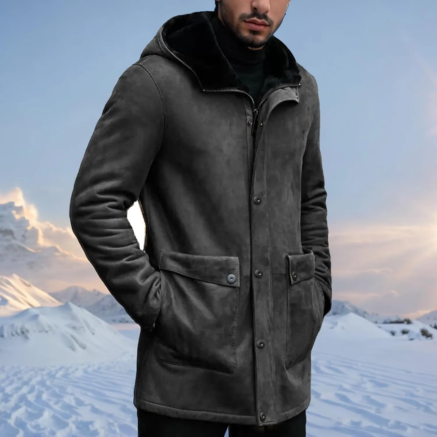 Men's Vintage Sherpa-Lined Trench Coat Faux Suede Retro Outdoor Leather Overcoat