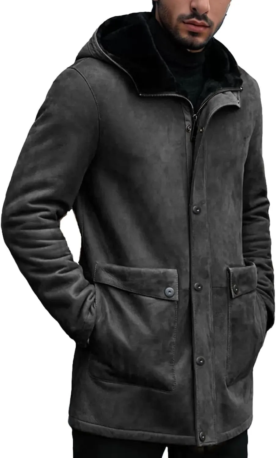 Men's Vintage Sherpa-Lined Trench Coat Faux Suede Retro Outdoor Leather Overcoat