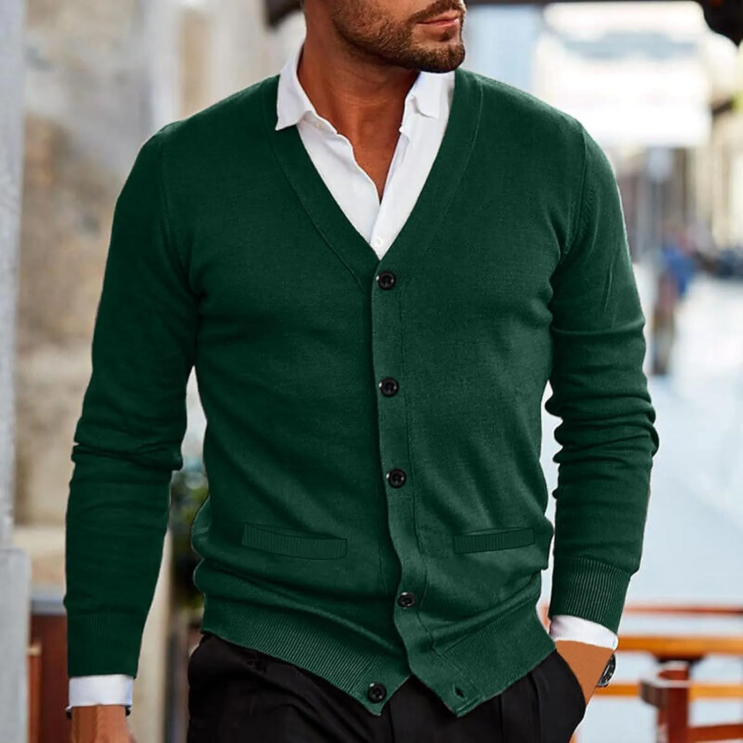 Men's Vintage Solid Long Sleeve Cardigan Sweater with Button V Neck Knitted Sweaters Casual Relaxe Fit Sweaters