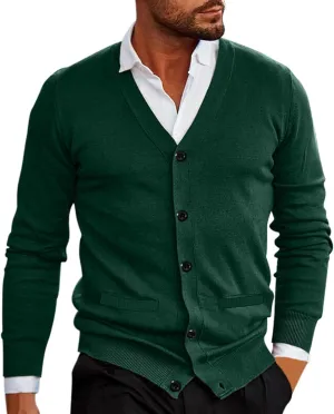 Men's Vintage Solid Long Sleeve Cardigan Sweater with Button V Neck Knitted Sweaters Casual Relaxe Fit Sweaters