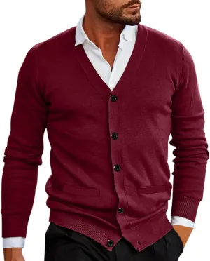 Men's Vintage Solid Long Sleeve Cardigan Sweater with Button V Neck Knitted Sweaters Casual Relaxe Fit Sweaters