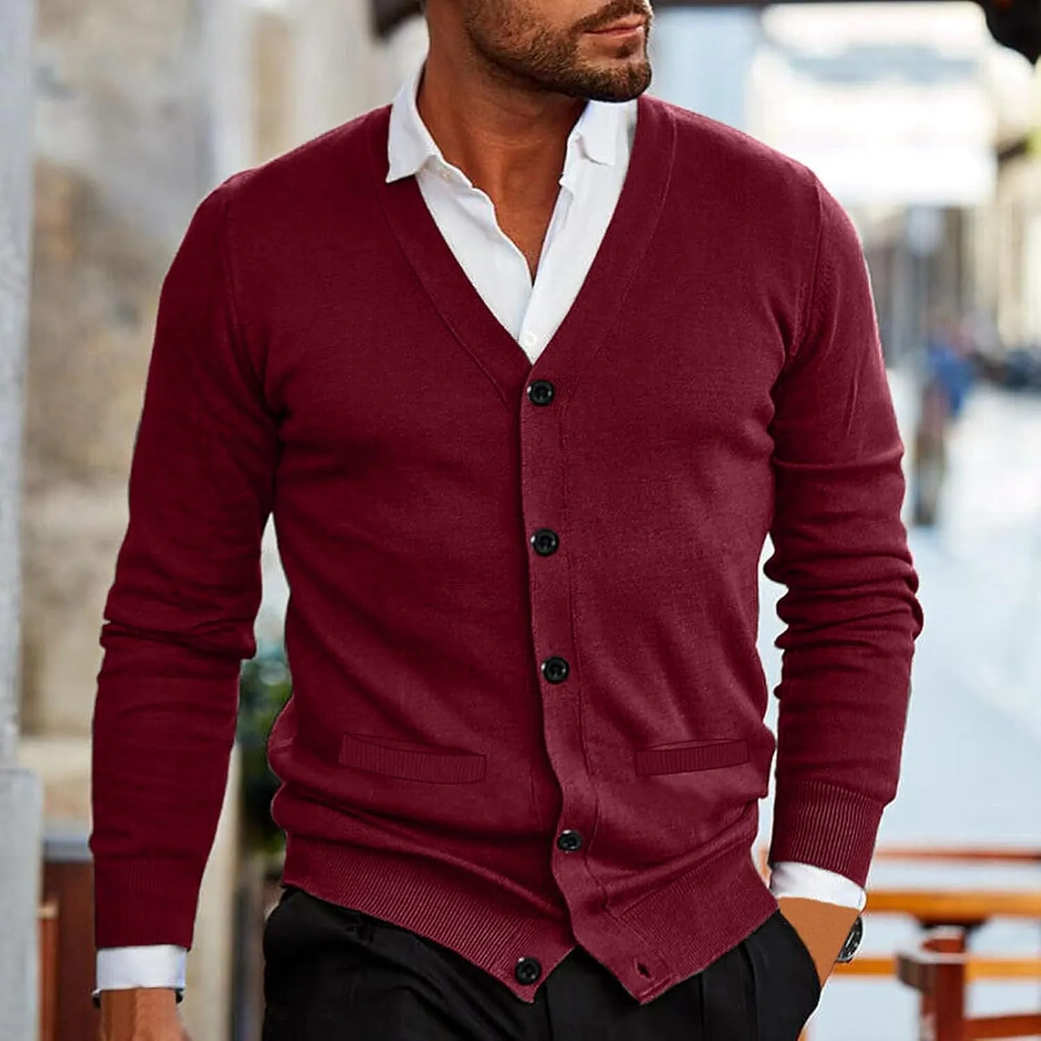 Men's Vintage Solid Long Sleeve Cardigan Sweater with Button V Neck Knitted Sweaters Casual Relaxe Fit Sweaters