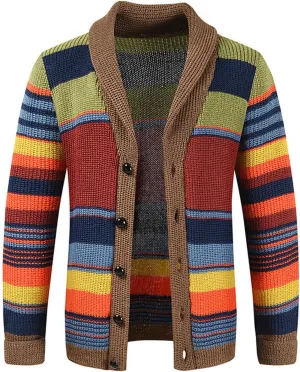 Men's Vintage Striped Color Block Long Sleeve Cardigan Sweater with Button V Neck Knitted Sweaters Slim Knit Sweaters