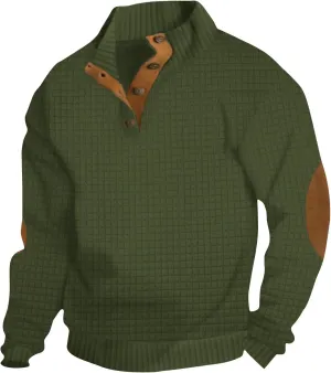 Men's Waffle Knitted Pullover Tops Patchwork Long Sleeve Sweatshirts Button V Neck Stand-Up Collar Loose Tops