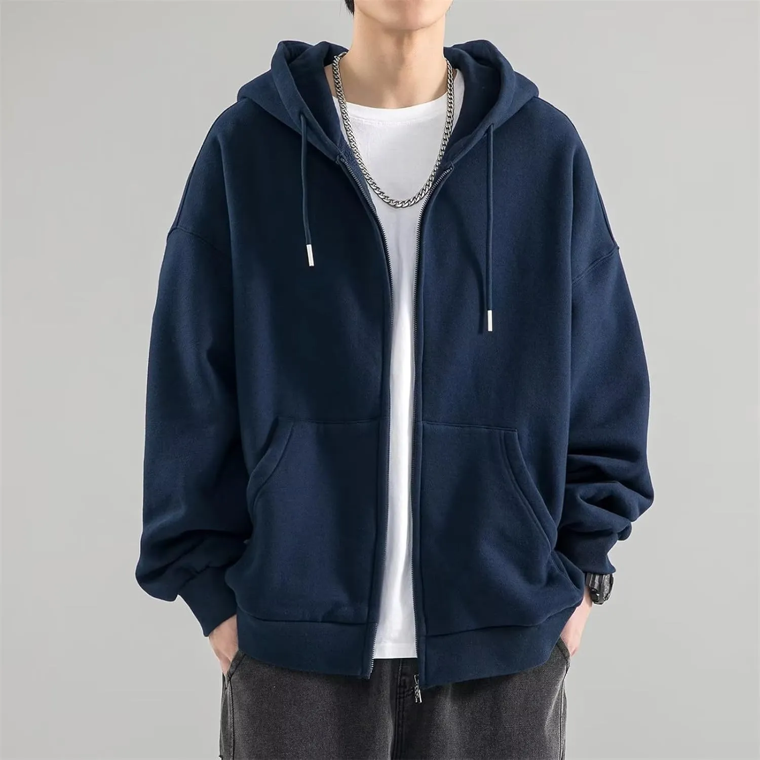 Men's Zip Up Hoodie Loose Fit Long Sleeve Sweatshirts Full Zip Drawstring Casual Lightweight Jacket With Pockets