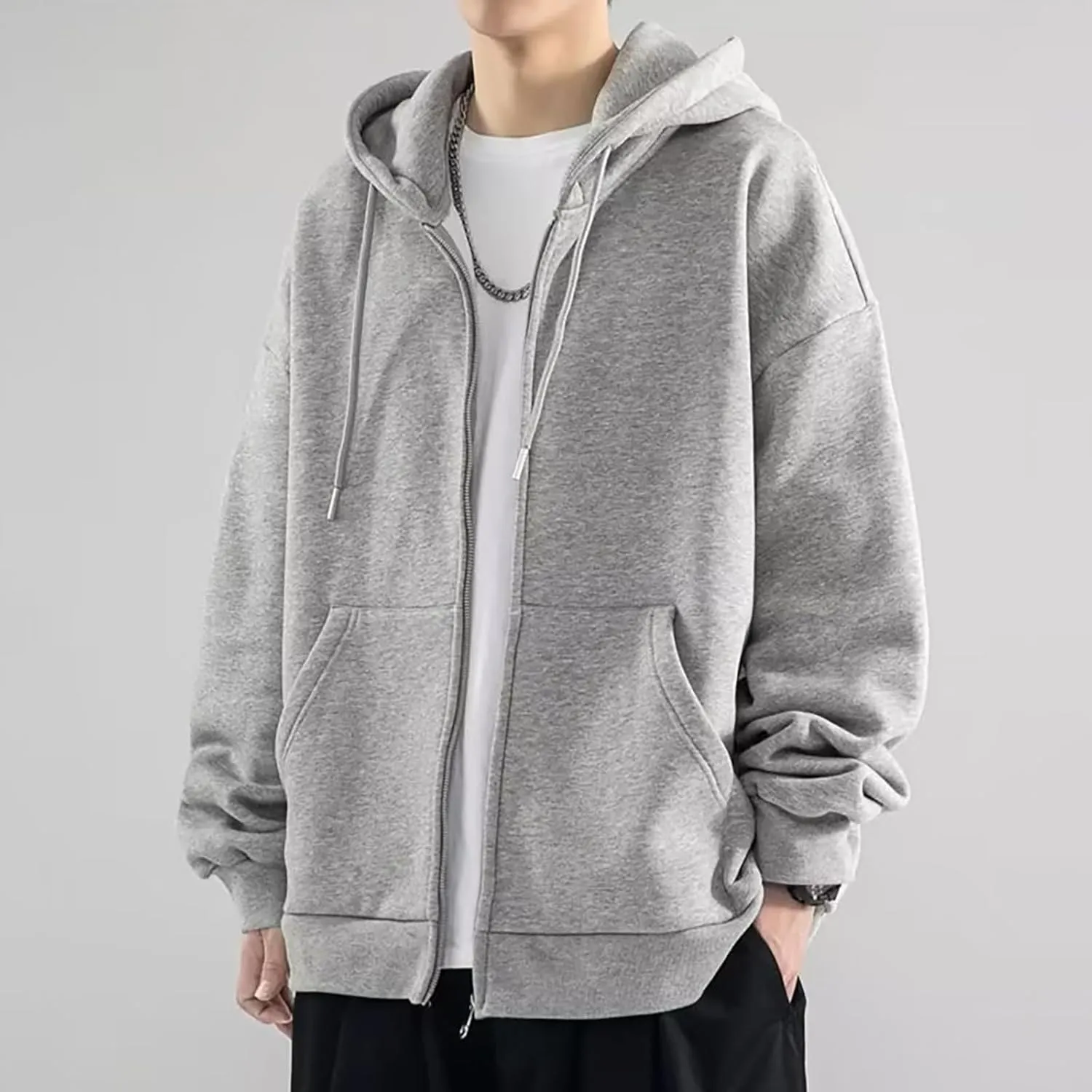 Men's Zip Up Hoodie Loose Fit Long Sleeve Sweatshirts Full Zip Drawstring Casual Lightweight Jacket With Pockets