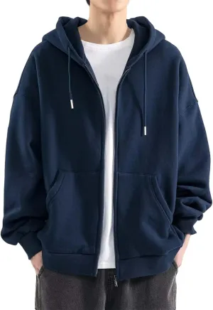 Men's Zip Up Hoodie Loose Fit Long Sleeve Sweatshirts Full Zip Drawstring Casual Lightweight Jacket With Pockets