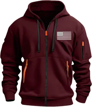 Men's Zipper USA Flag Print Hoodie Graphic Long Sleeve Drawstring Shirts Oversized Patriotic Sweatshirts with Pockets