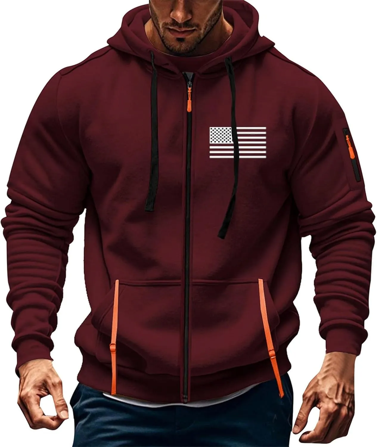 Men's Zipper USA Flag Print Hoodie Graphic Long Sleeve Drawstring Shirts Oversized Patriotic Sweatshirts with Pockets
