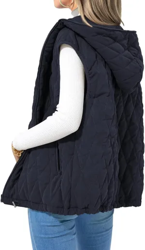Mmoneyake Fall Vest for Women 2024 Casual Sleeveless Hooded Zip Up Jacket Quilted Puffer Down Jacket Winter Coat Outerwear