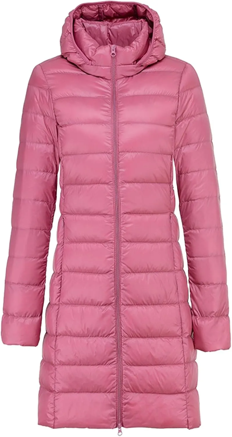 Mmoneyake Long Down Coats for Women Packable Ultralight Puffer Jacket Water-Resistant Hooded Puffer Coat with Removable Hood