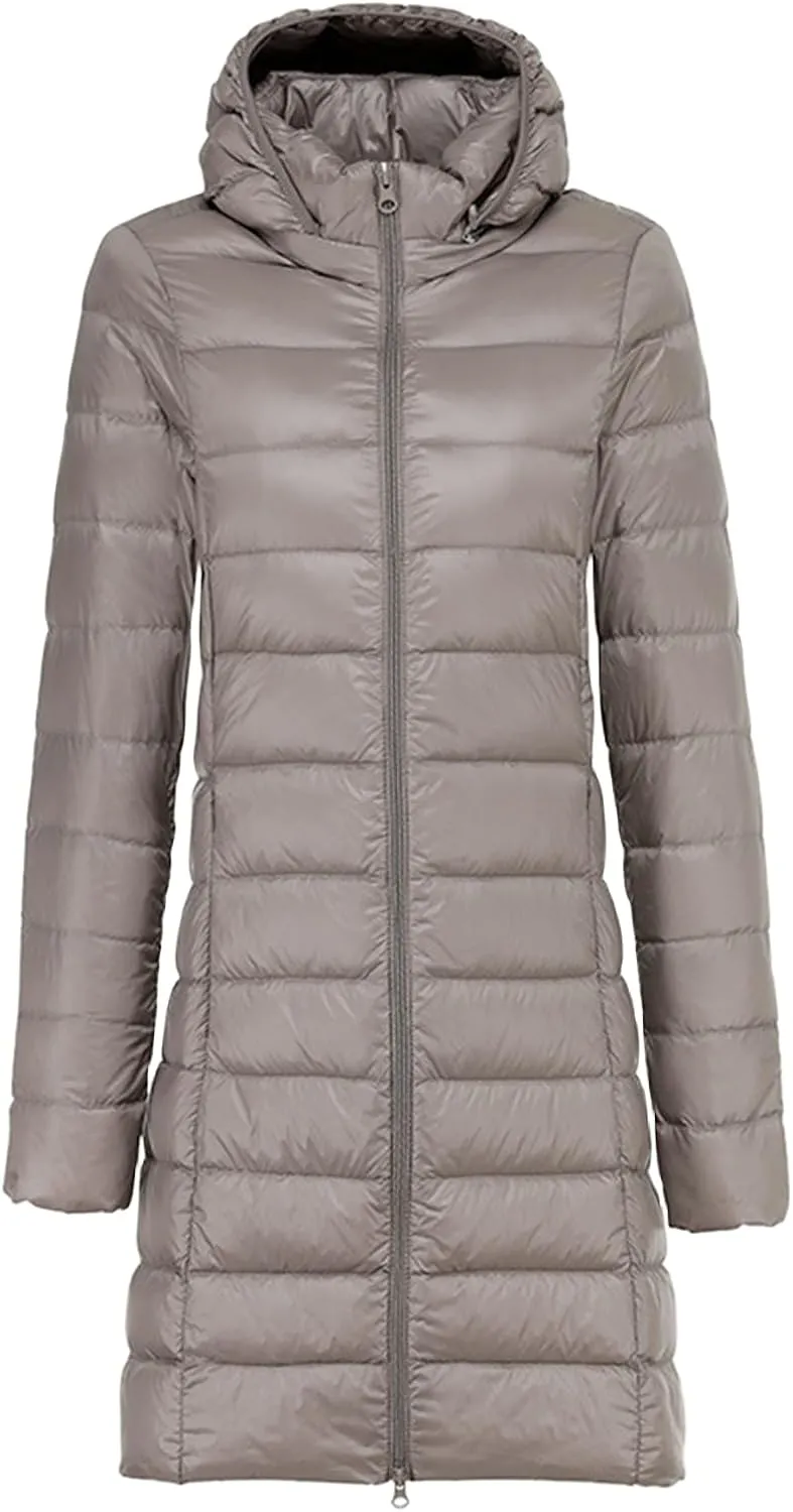 Mmoneyake Long Down Coats for Women Packable Ultralight Puffer Jacket Water-Resistant Hooded Puffer Coat with Removable Hood