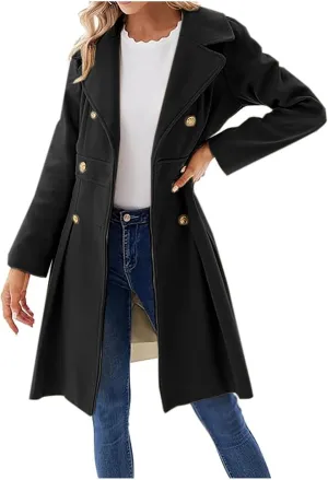 Mmoneyake Women's Fashion Trench Coat Notch Lapel Double Breasted Peacoat Elegant A Line Pea Coats Wool Blend Overcoat Jacket