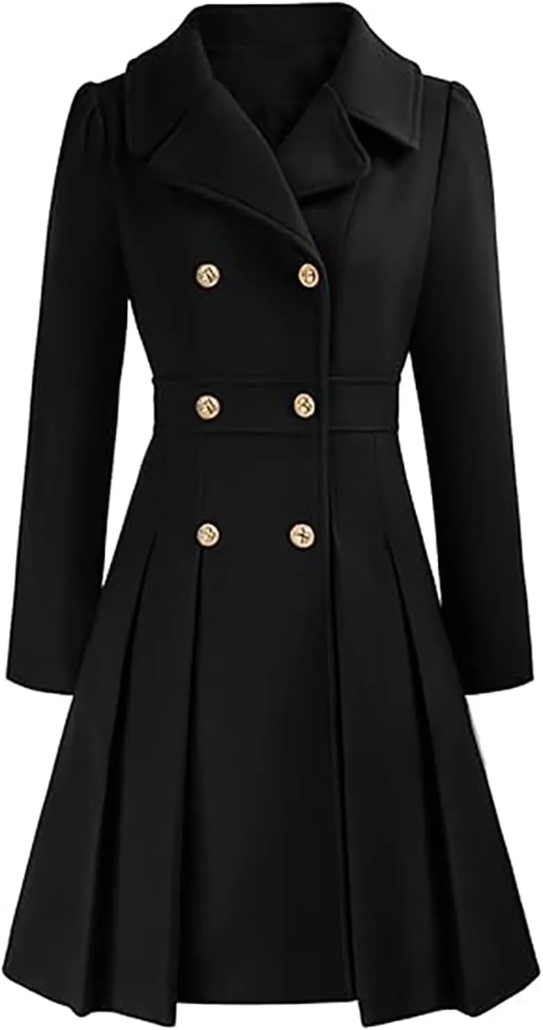 Mmoneyake Women's Fashion Trench Coat Notch Lapel Double Breasted Peacoat Elegant A Line Pea Coats Wool Blend Overcoat Jacket