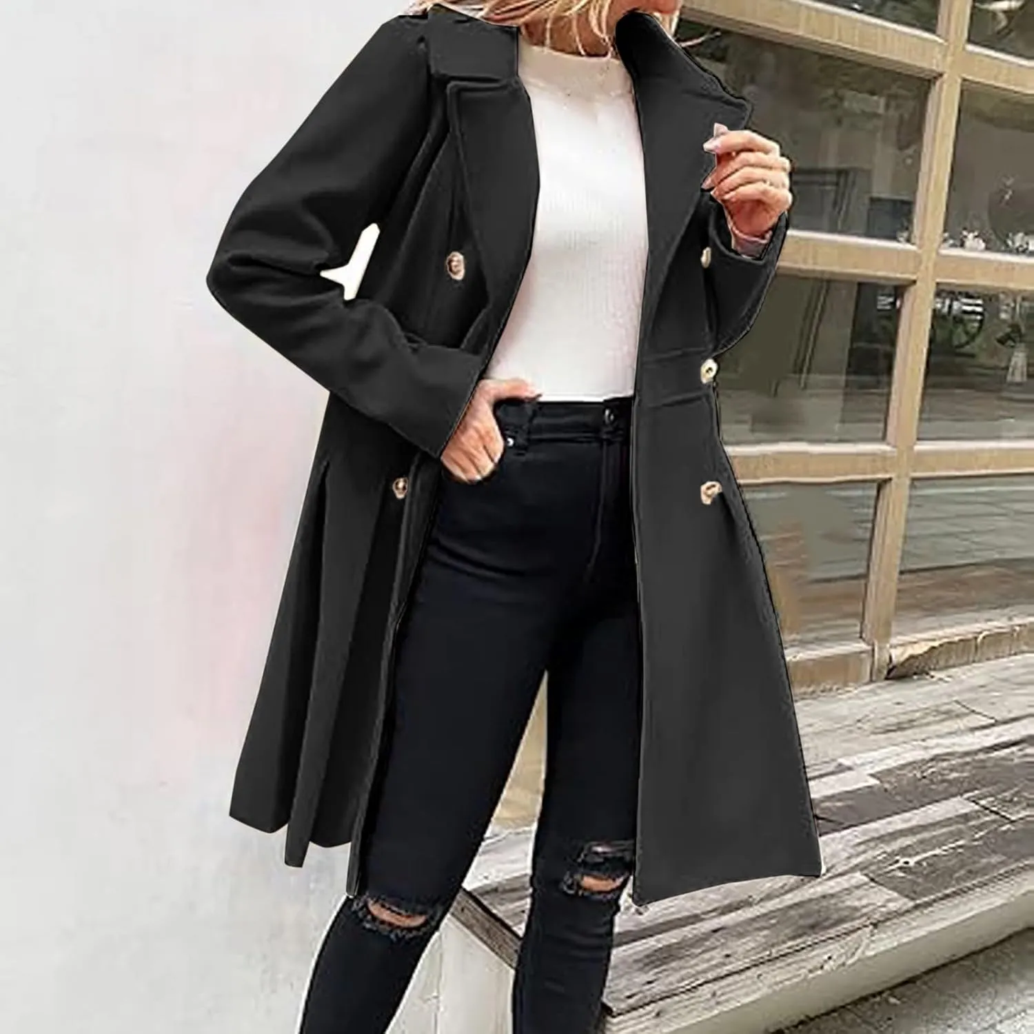 Mmoneyake Women's Fashion Trench Coat Notch Lapel Double Breasted Peacoat Elegant A Line Pea Coats Wool Blend Overcoat Jacket