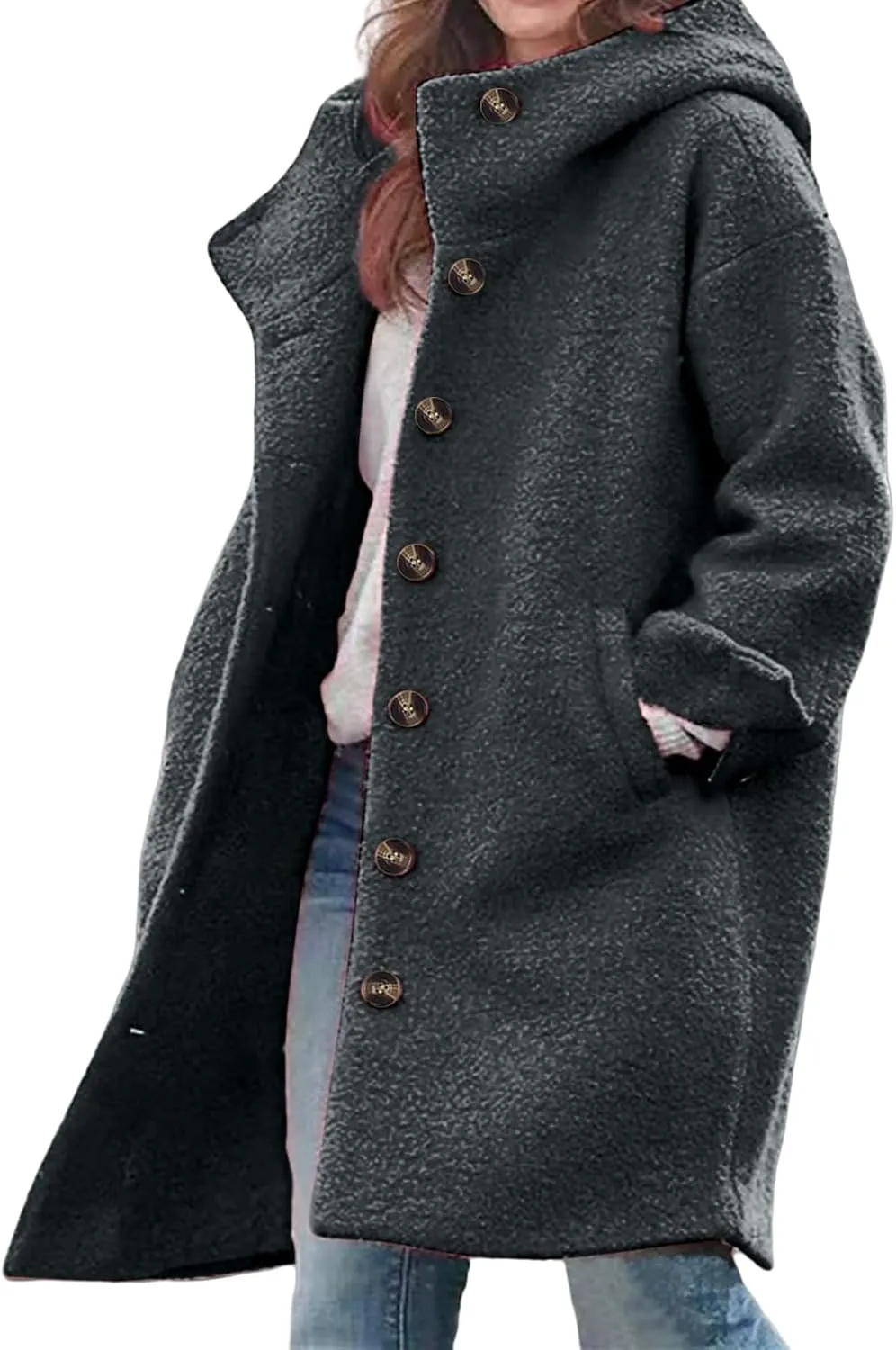 Mmoneyake Women's Winter Wool Coat with Hood Casual Wool Blend Trench Coat Single Breasted Pea Coat Warm Long Overcoat Jacket