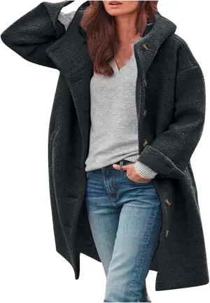 Mmoneyake Women's Winter Wool Coat with Hood Casual Wool Blend Trench Coat Single Breasted Pea Coat Warm Long Overcoat Jacket