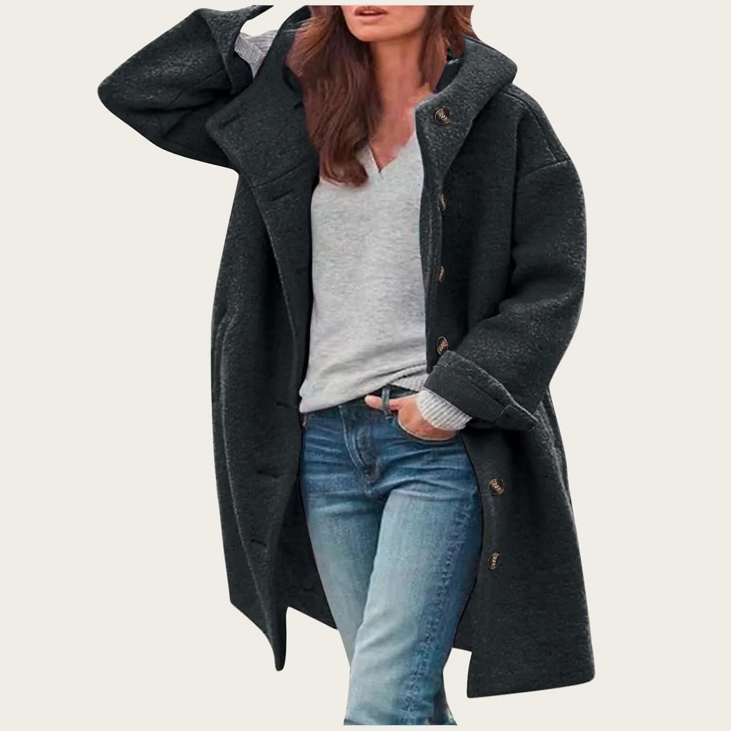 Mmoneyake Women's Winter Wool Coat with Hood Casual Wool Blend Trench Coat Single Breasted Pea Coat Warm Long Overcoat Jacket