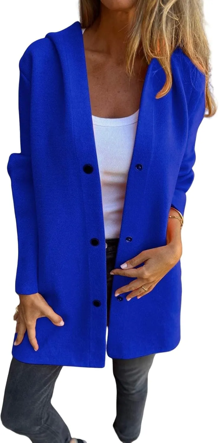 Mmoneyake Wool Blend Trench Coat Women Single Breasted Hooded Jacket Button Up Long Coats Fall Winter Casual Jackets Overcoat