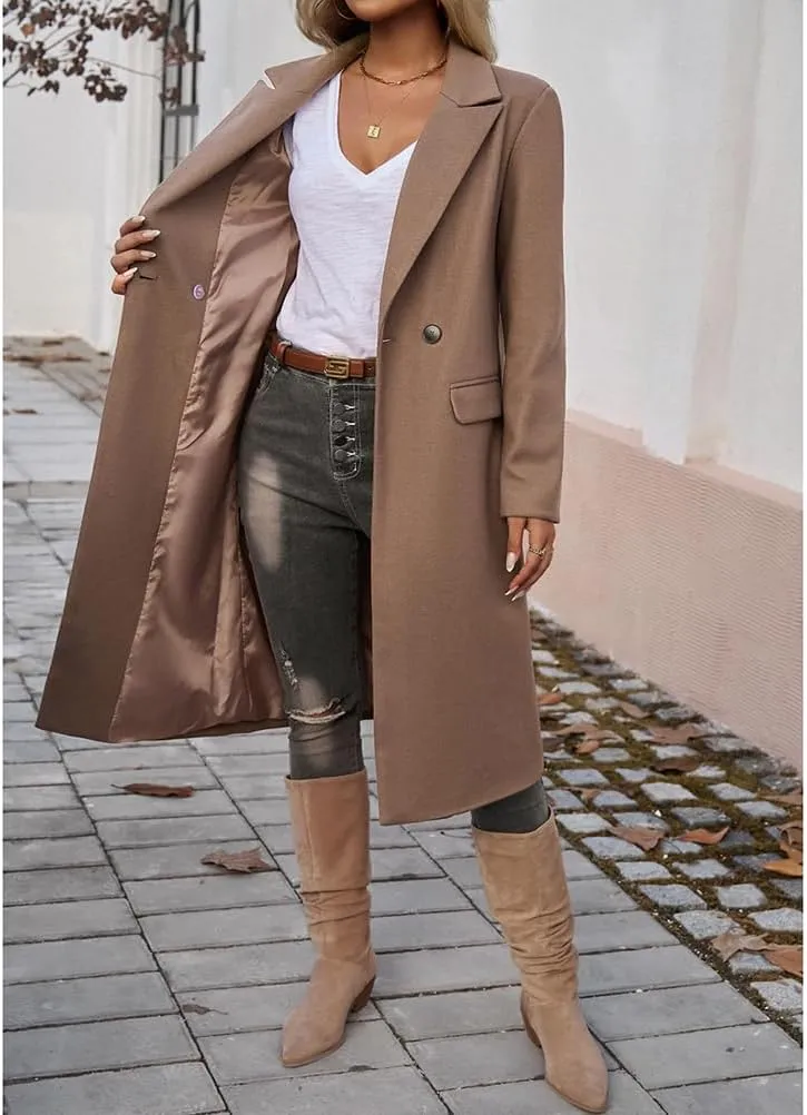 Mywinway Long Wool Coat Women 2024 Fall Winter Peacoat Jackets Dress Double Breasted Trench Coat