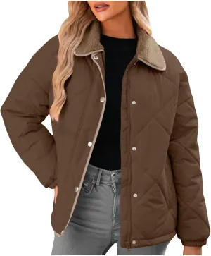 NATHGAM Women's Winter Casual Quilted Jackets Lightweight Warm Puffer Jacket Thermal Lapel Button Padded Down Coat Outerwear