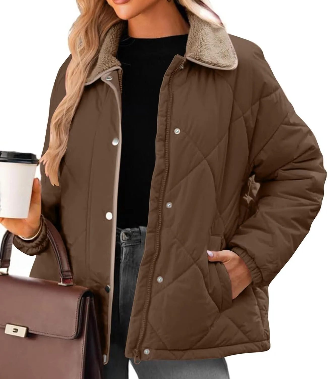 NATHGAM Women's Winter Casual Quilted Jackets Lightweight Warm Puffer Jacket Thermal Lapel Button Padded Down Coat Outerwear