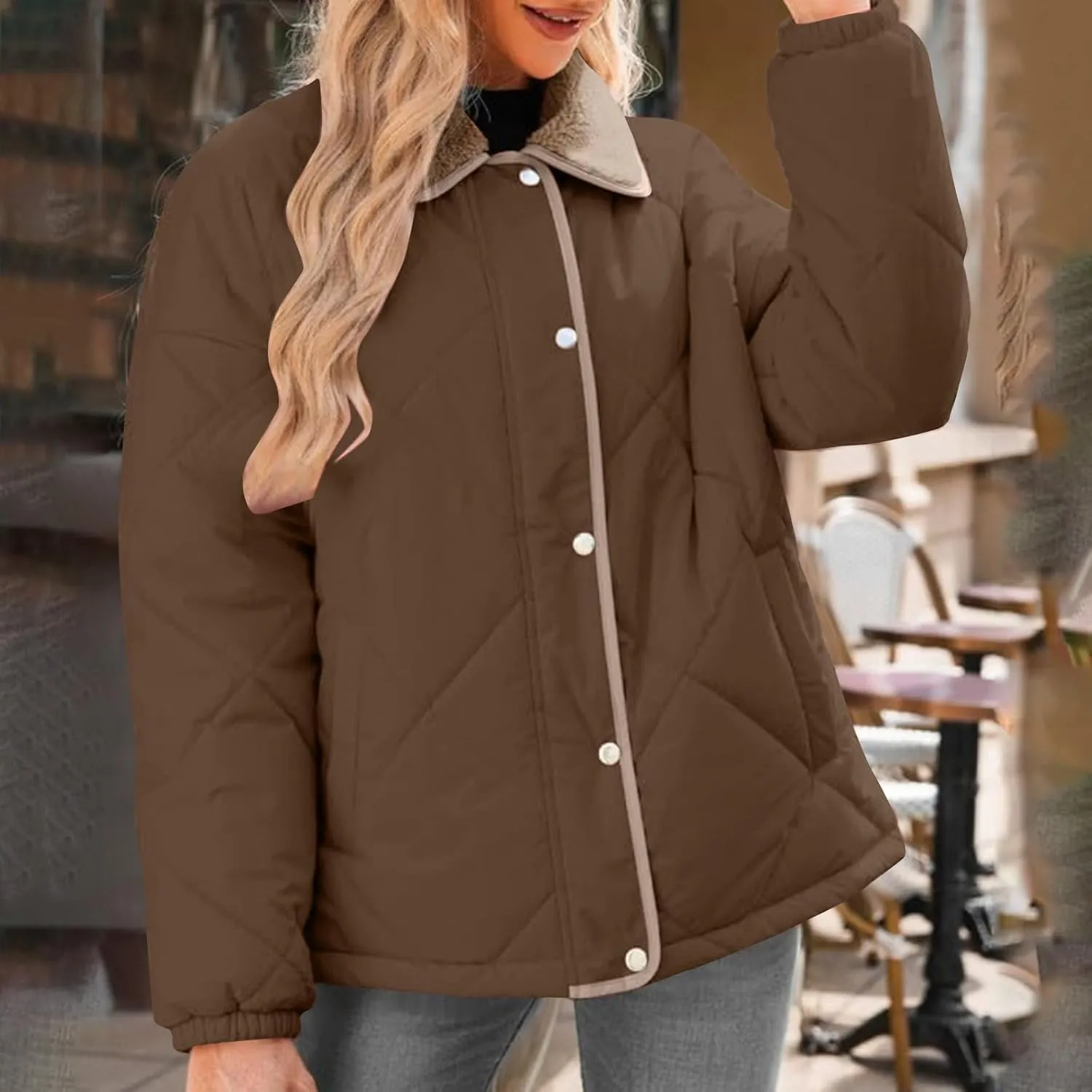 NATHGAM Women's Winter Casual Quilted Jackets Lightweight Warm Puffer Jacket Thermal Lapel Button Padded Down Coat Outerwear