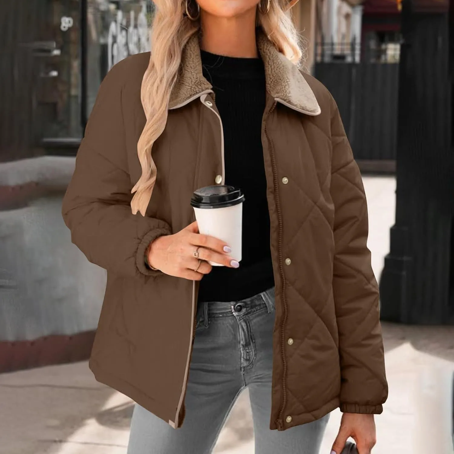 NATHGAM Women's Winter Casual Quilted Jackets Lightweight Warm Puffer Jacket Thermal Lapel Button Padded Down Coat Outerwear