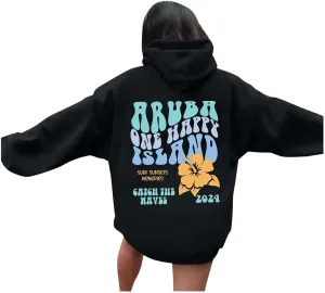 Navy Blue Sweatshirt Women Hoodies Aruba One Happy Island Print Long Sleeve Drop Shoulder Casual Comfy Tunic Pullover Top 2024 Fashion Clothes Cropped Hoodie Women Black X-Large
