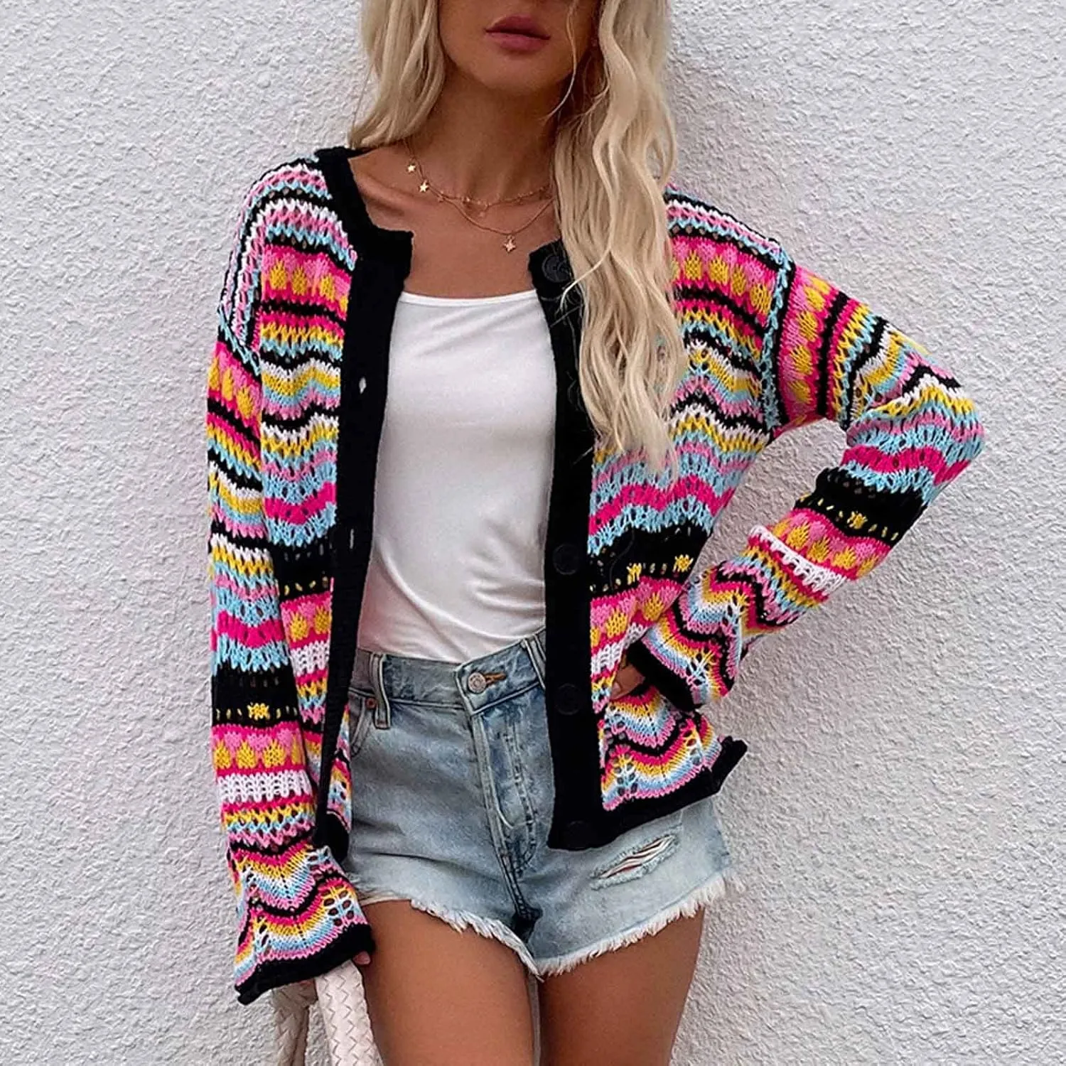 Oplxuo Women's Cardigan Sweaters Tops Ladies Sexy Hollow Out Rainbow Coats Crochet Knit Outwear Long Sleeve Button Cardigans