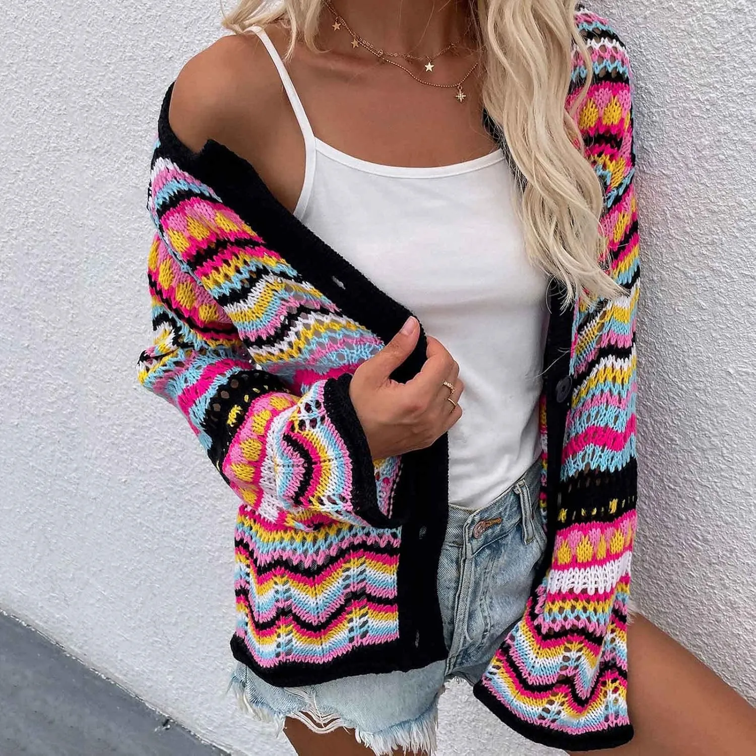 Oplxuo Women's Cardigan Sweaters Tops Ladies Sexy Hollow Out Rainbow Coats Crochet Knit Outwear Long Sleeve Button Cardigans