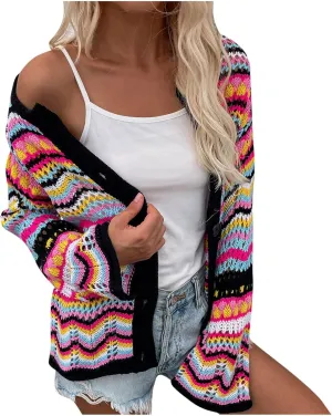 Oplxuo Women's Cardigan Sweaters Tops Ladies Sexy Hollow Out Rainbow Coats Crochet Knit Outwear Long Sleeve Button Cardigans